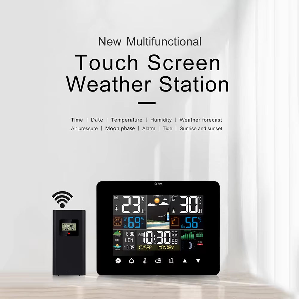 Multifunction Weather Station Alarm Clock Thermometer Hygrometer Touch Screen Wireless Sensor Sunrise Sunset Hygrothermograph